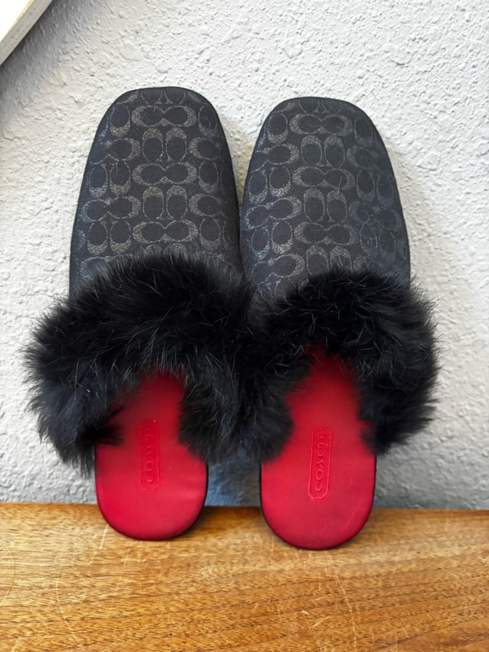 Coach Melody Black Monogram Fur-Trim Slide Slippers Women S 5/6
